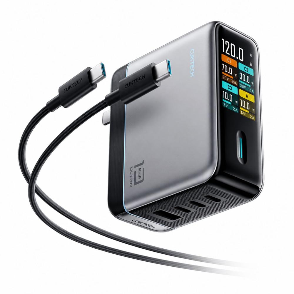 Cargador GaN 120W Carga Rápida Para Laptop Celular Tablet Con Pantalla Digital Y 4 Puertos
