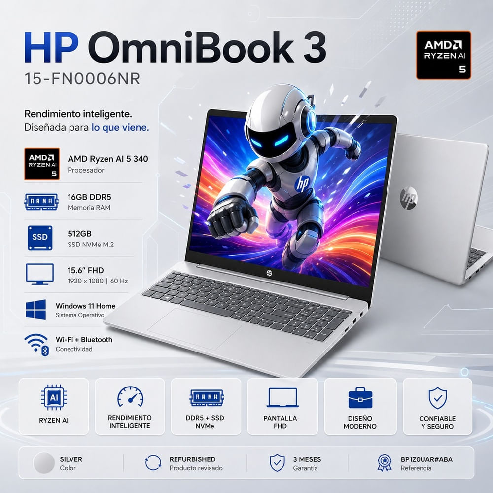 Laptop HP  15.6 FHD Ryzen AI 5 340 16GB DDR5 512GB SSD    OMNIBOOK 3     15-FN0006NR
