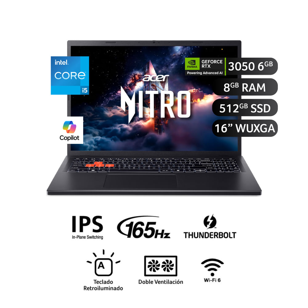 Laptop Acer NL16-71G-52K7 16 Intel Core i5 512GB SSD 8GB RAM NVIDIA RTX 2050 negro