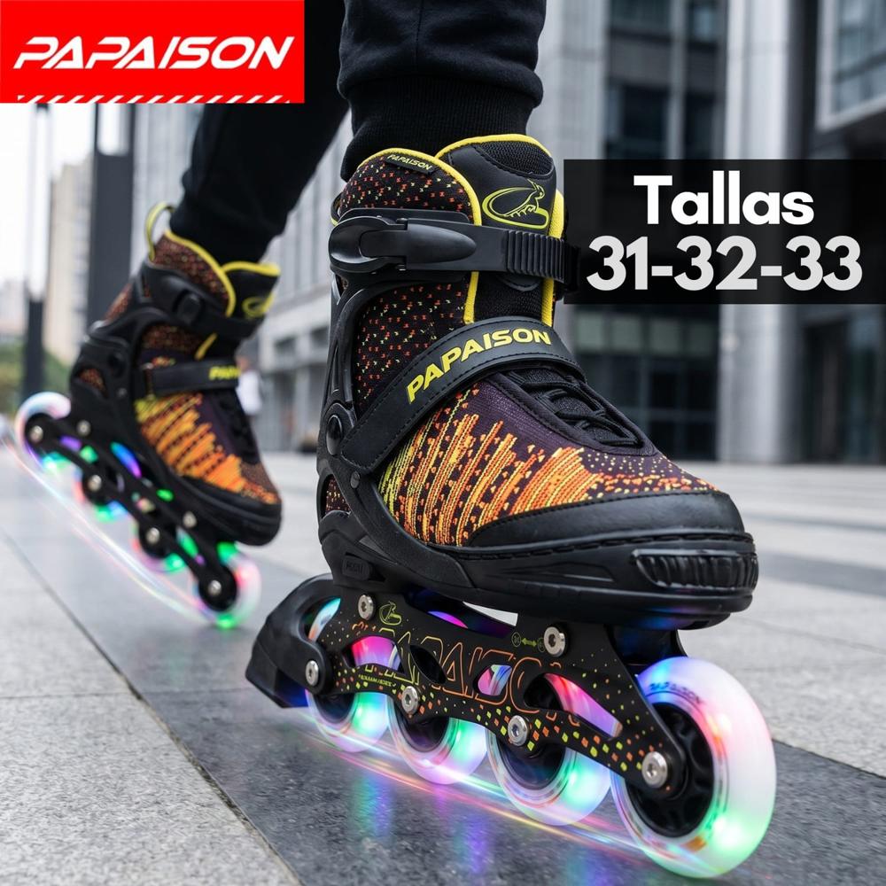 Patines Lineales Ajustables A10 - Negro - Tallas 31-32-33 ABEC-7 82A con Luces LED Frame de Aluminio