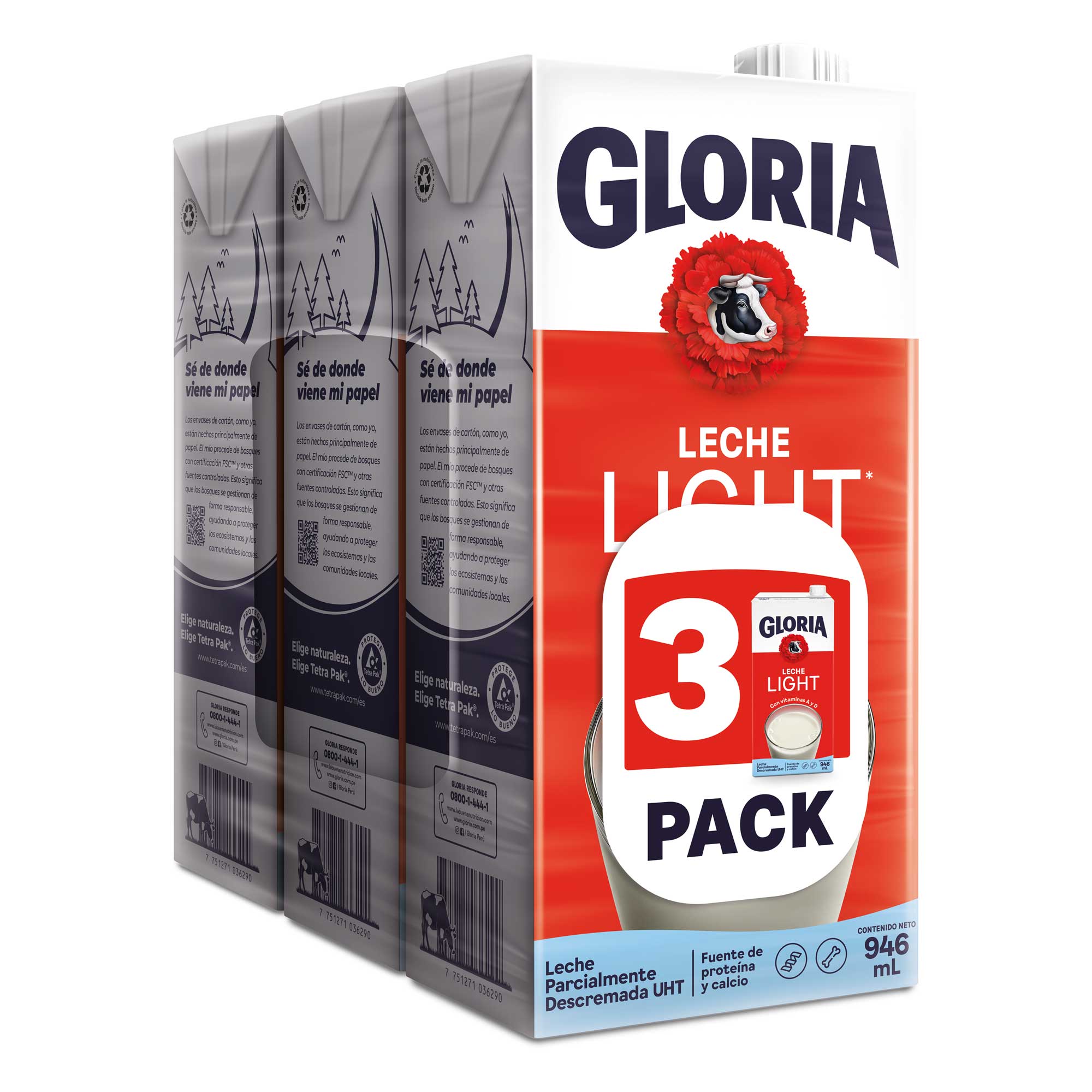 Leche Light UHT GLORIA Caja 946ml Paquete 3un