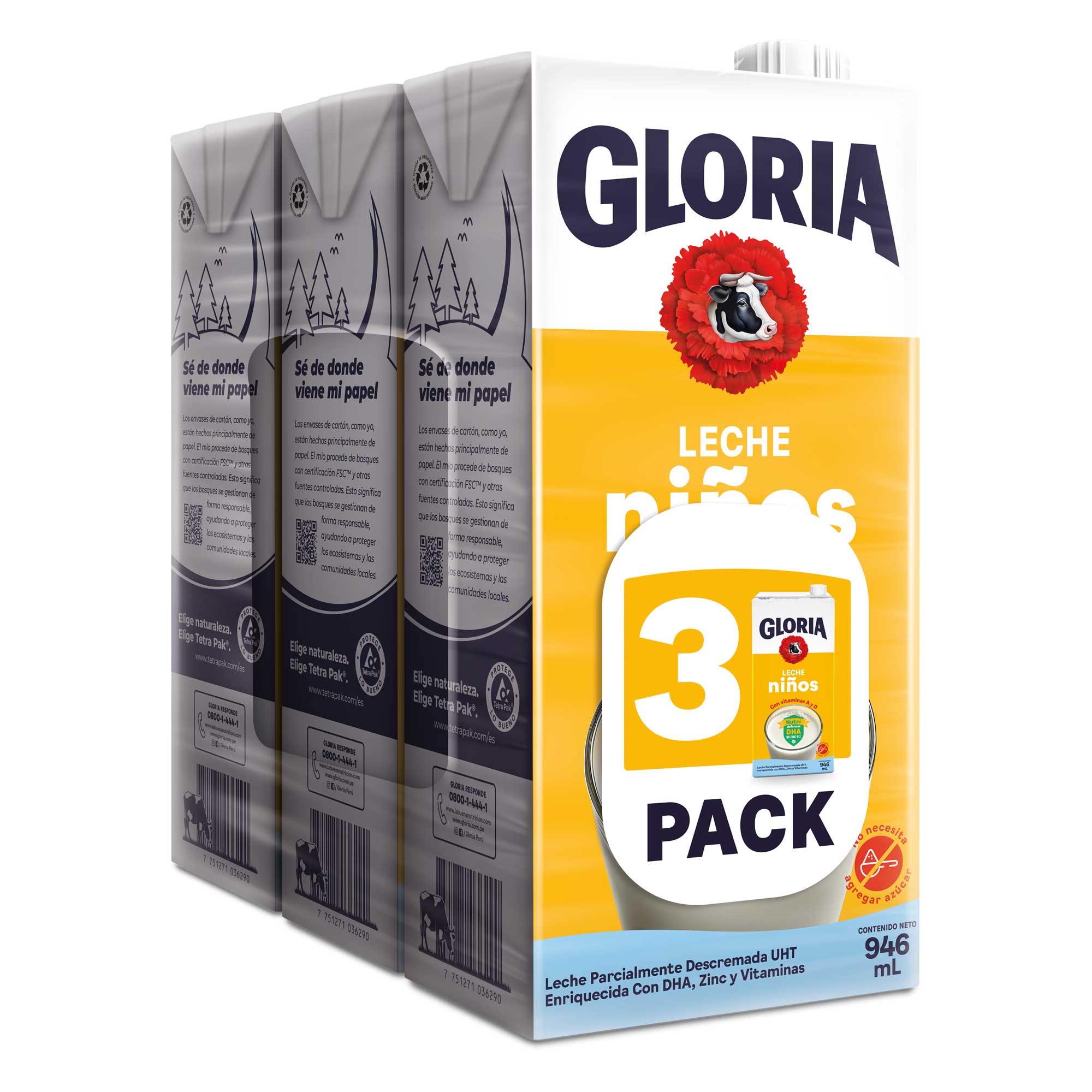 Leche UHT GLORIA Niños DHA Caja 1L Paquete 3un