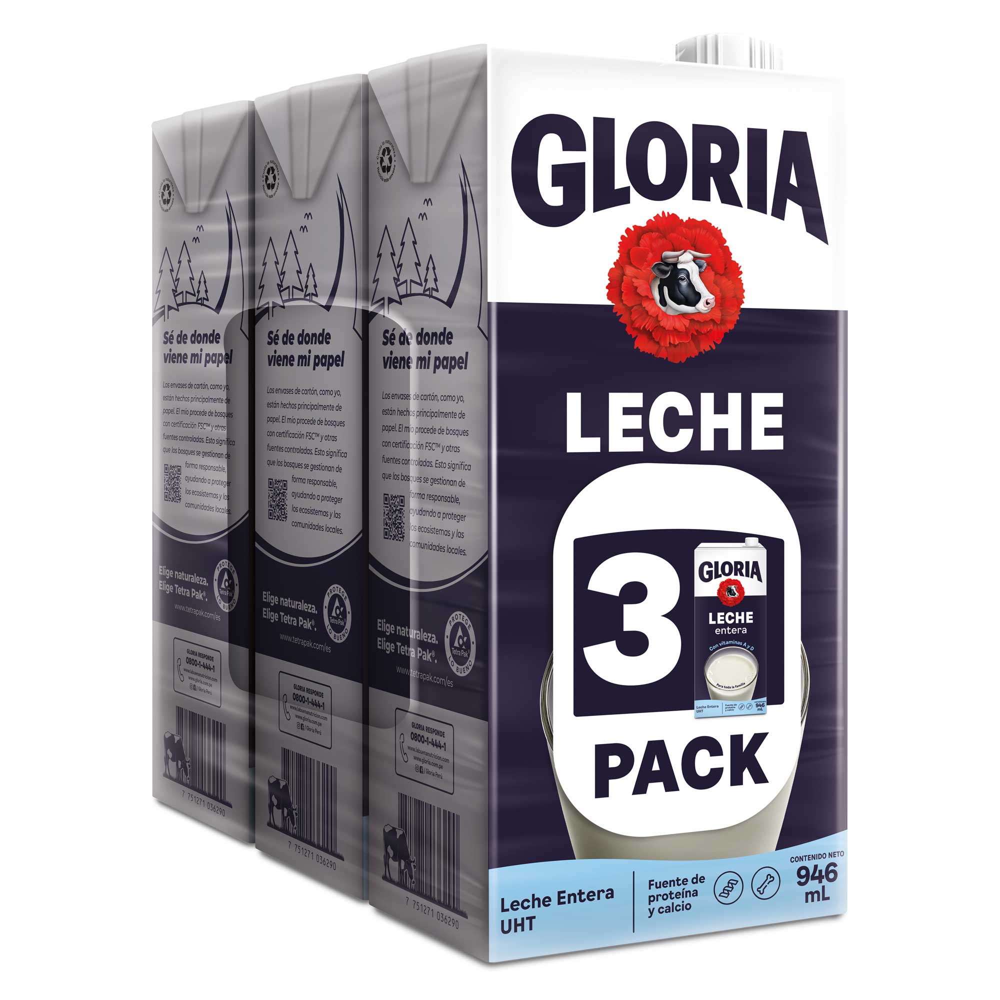 Leche Entera UHT GLORIA Caja 946ml Paquete 3un