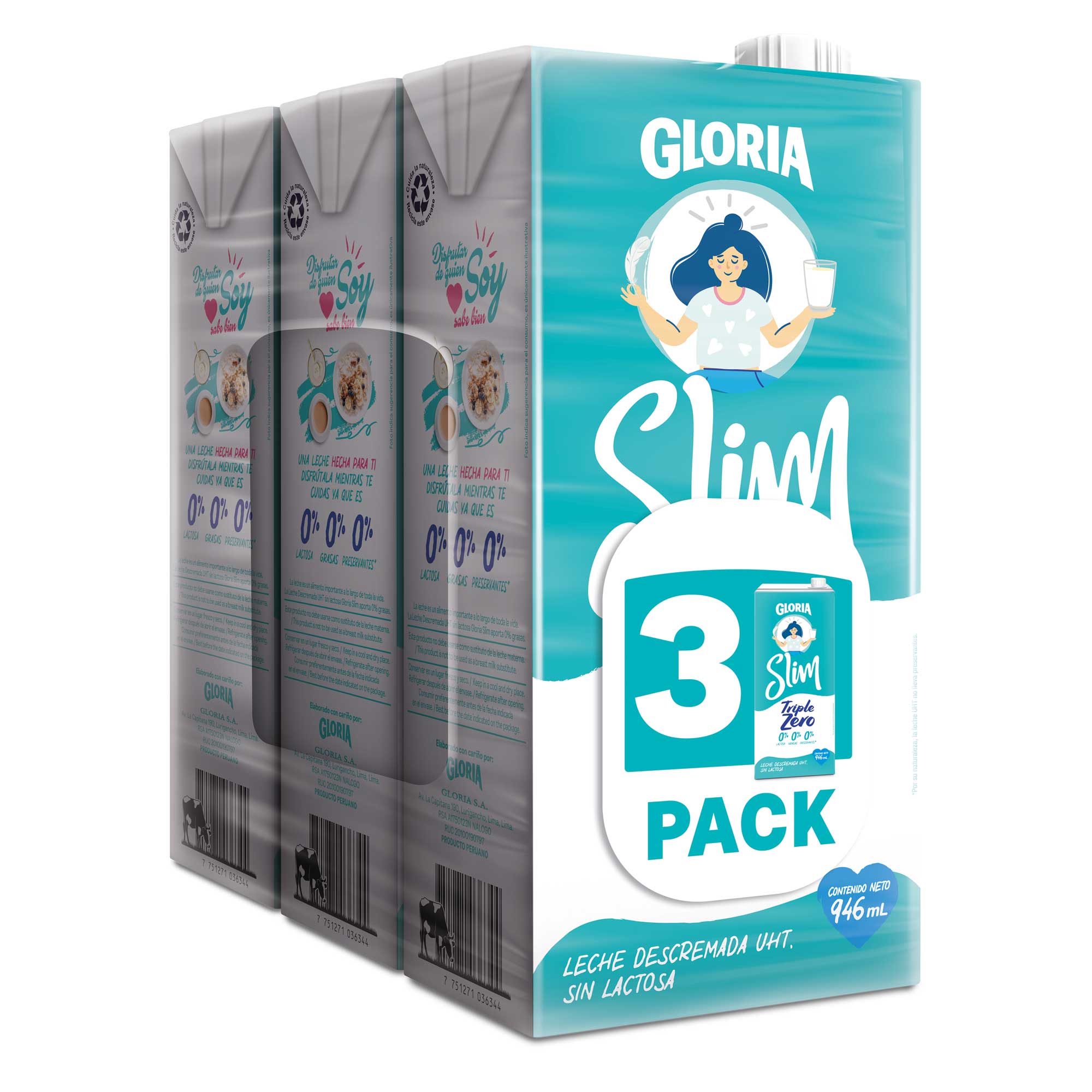 Leche sin Lactosa UHT Descremada GLORIA Slim Triple Zero Caja 946ml Paquete 3un