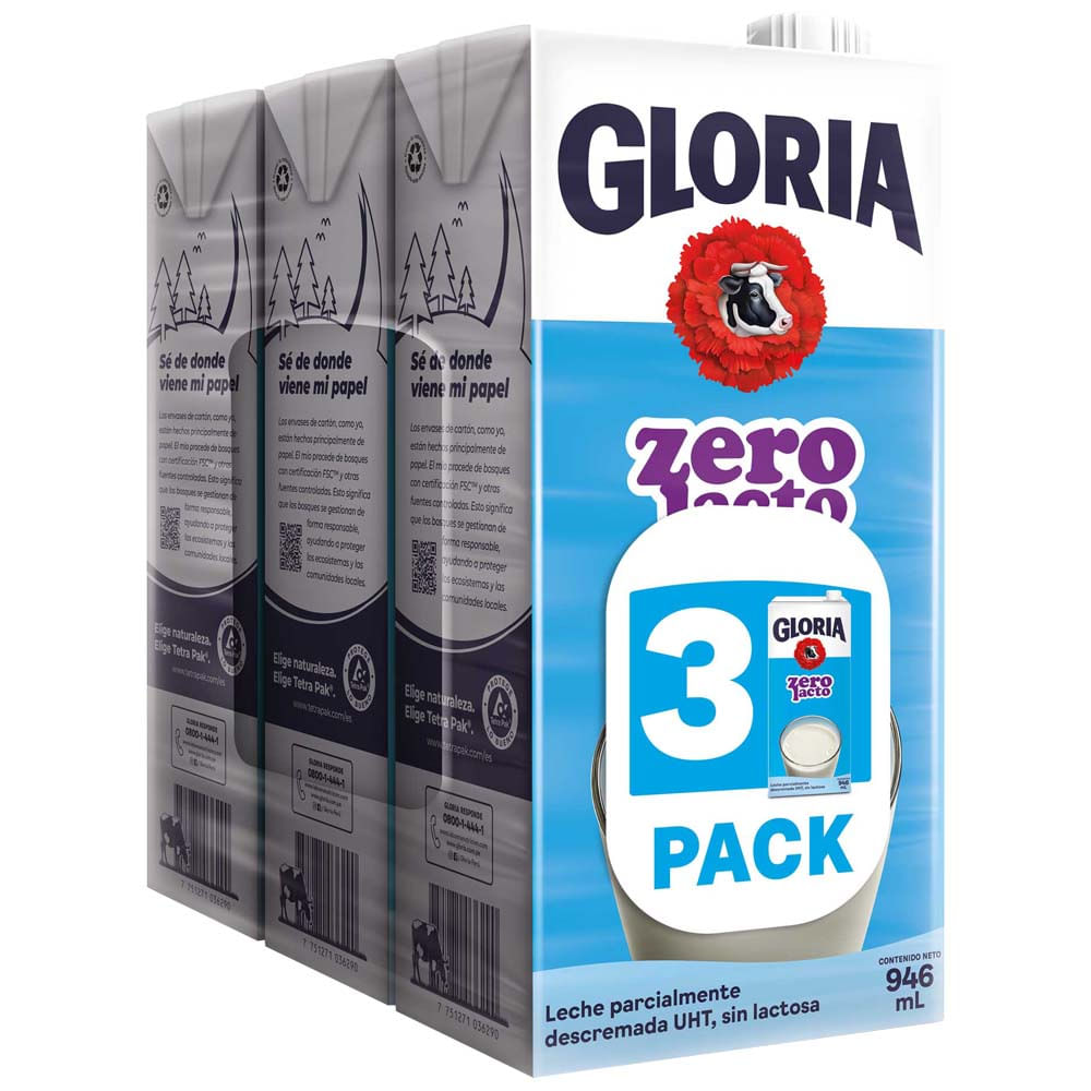 Leche UHT GLORIA Zero Lacto Caja 946ml Paquete 3un