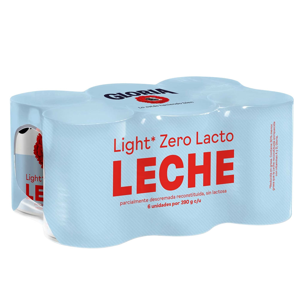 Leche Light GLORIA Zero Lacto Lata 390g Paquete 6un