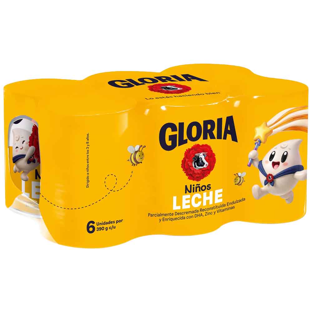 Leche con Miel de Abeja GLORIA Niños Lata 390g Paquete 6un