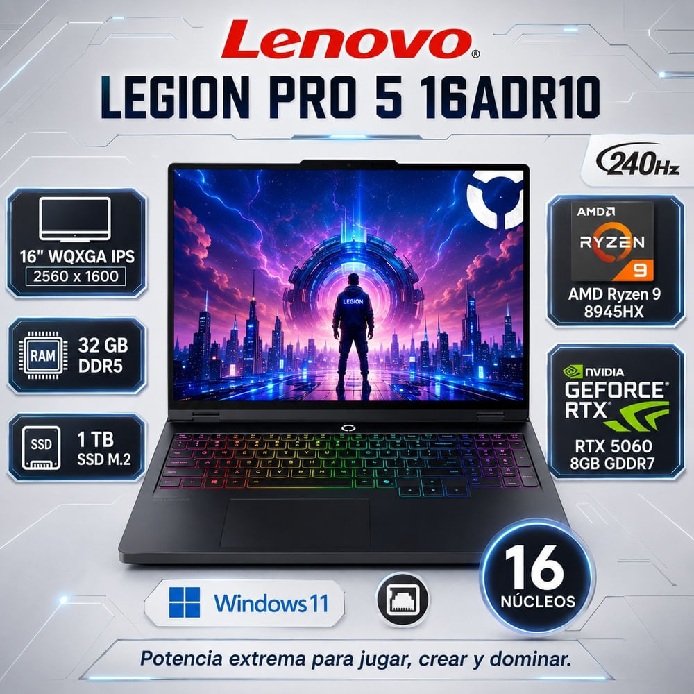 Laptop Lenovo Legion Pro 5 16DR10 16 240Hz AMD Ryzen 9-8945HX 32GB RAM 1TB  RTX 5060 8GB 83LT002MLM