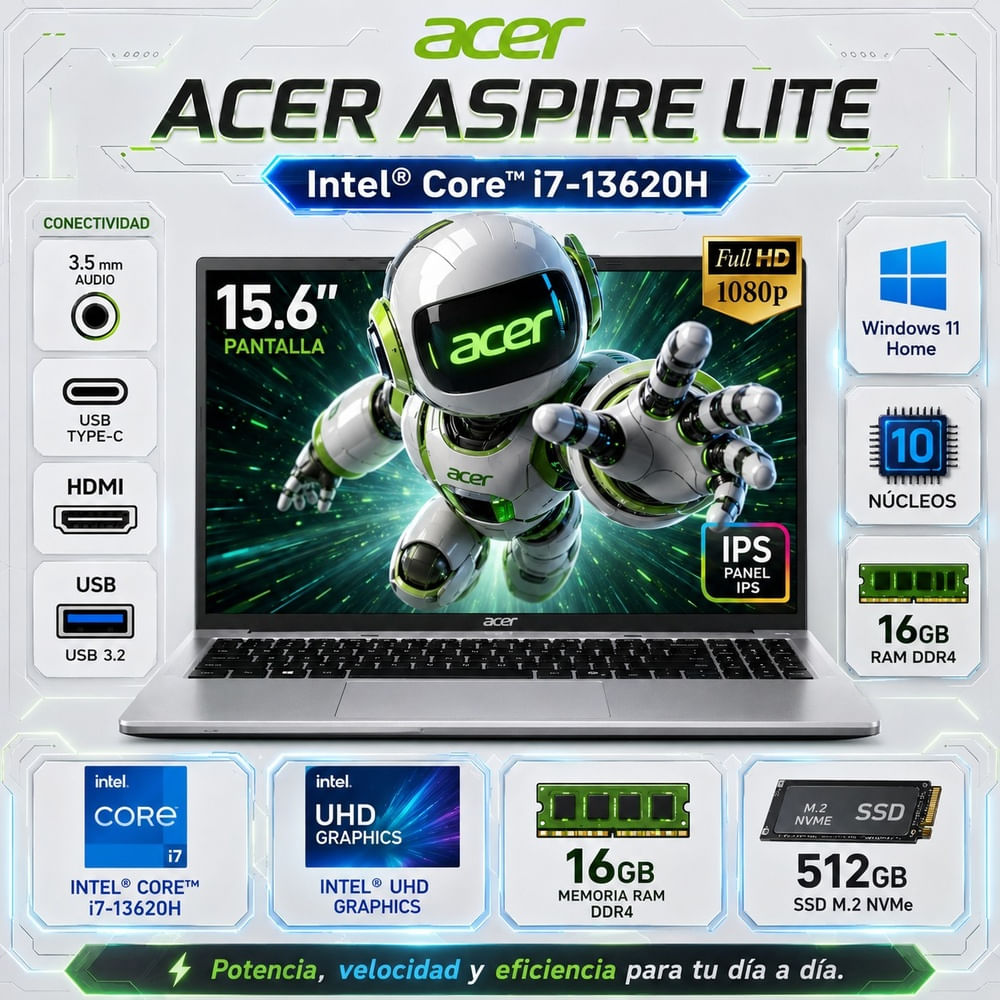 Laptop Acer 15.6 FHD Intel Core i7-13620H 16GB DDR5 512GB SSD Gráficos Intel UHD   AL15-72P-7948