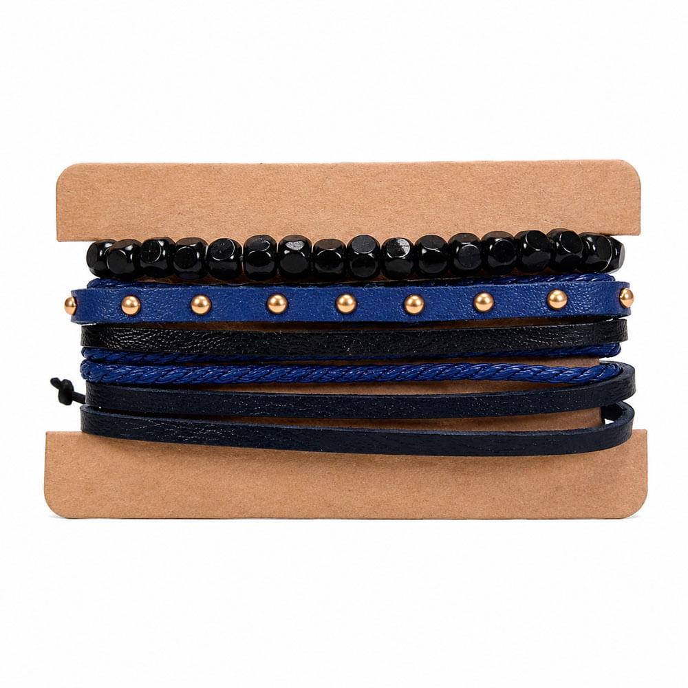 Pulsera 3 en 1 Cuero PU Negro Azul con Cuentas Hombre
