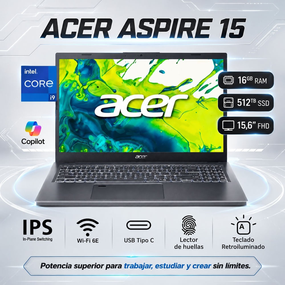 ACER ASPIRE 15 INTEL CORE I9 13900H RAM 16GB LPDDR5 512GB ESPAÑOL 15.6  FHD     A15-51M-980X
