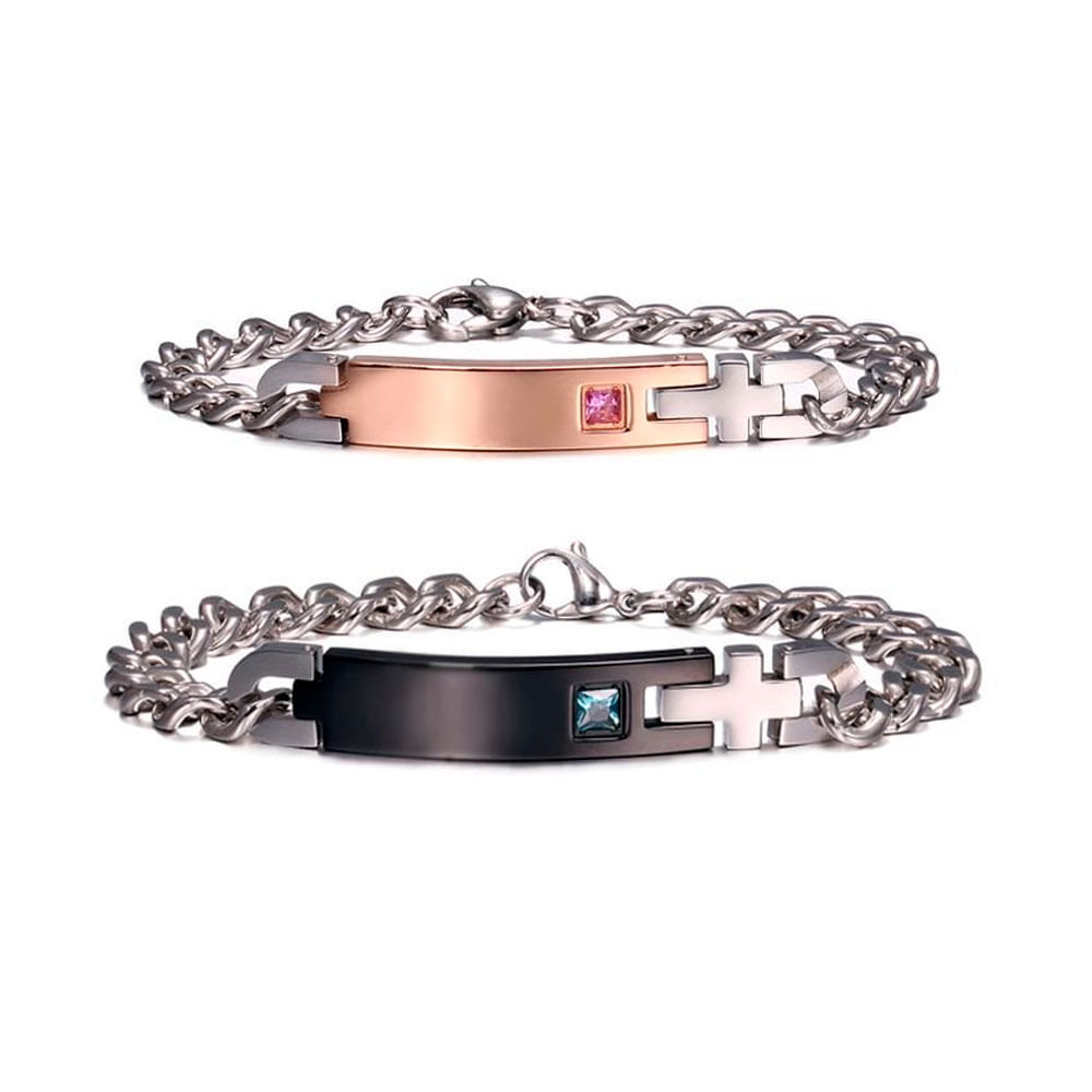 Pulsera Pareja Acero Negro Dorado Con Zirconias Elegante