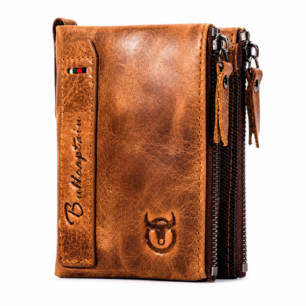 Billetera Bullcaptain QB06 Cuero Marrón Doble Cremallera