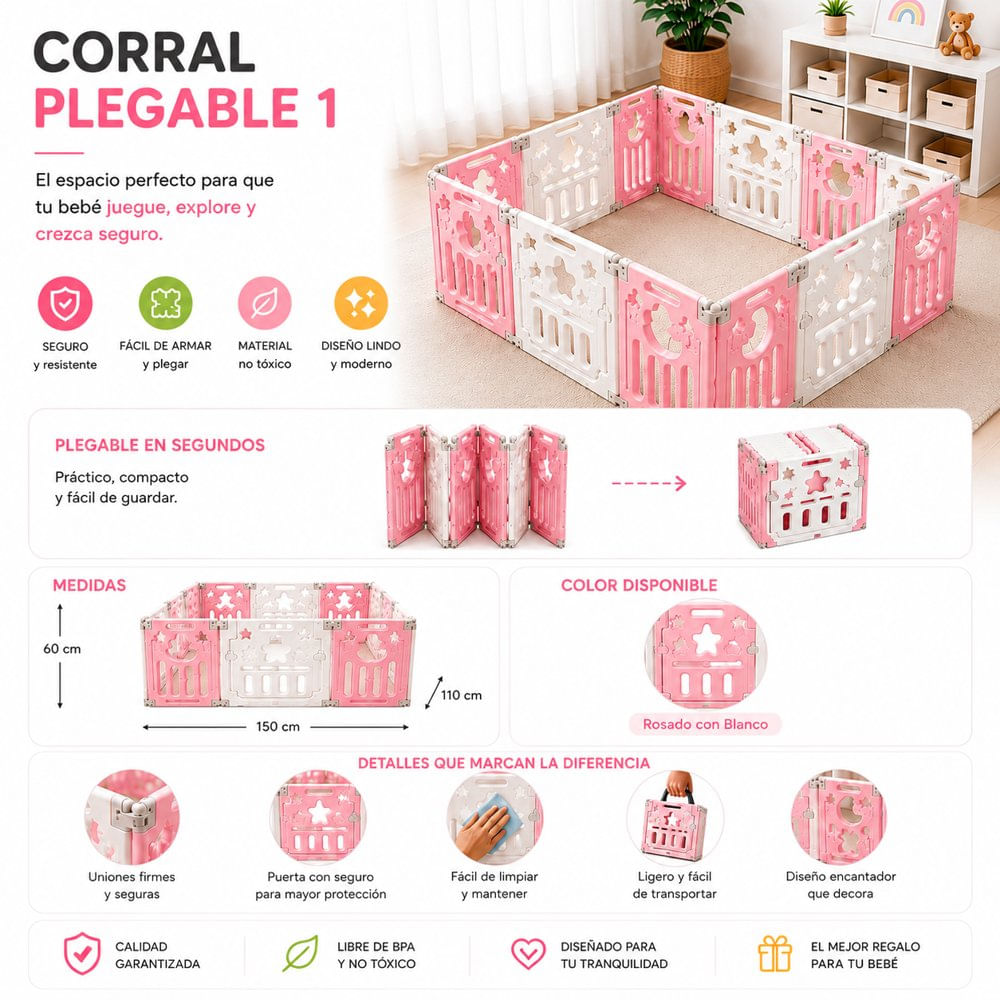 Corral plegable rosa y blanco infantil 150 x 110 cm