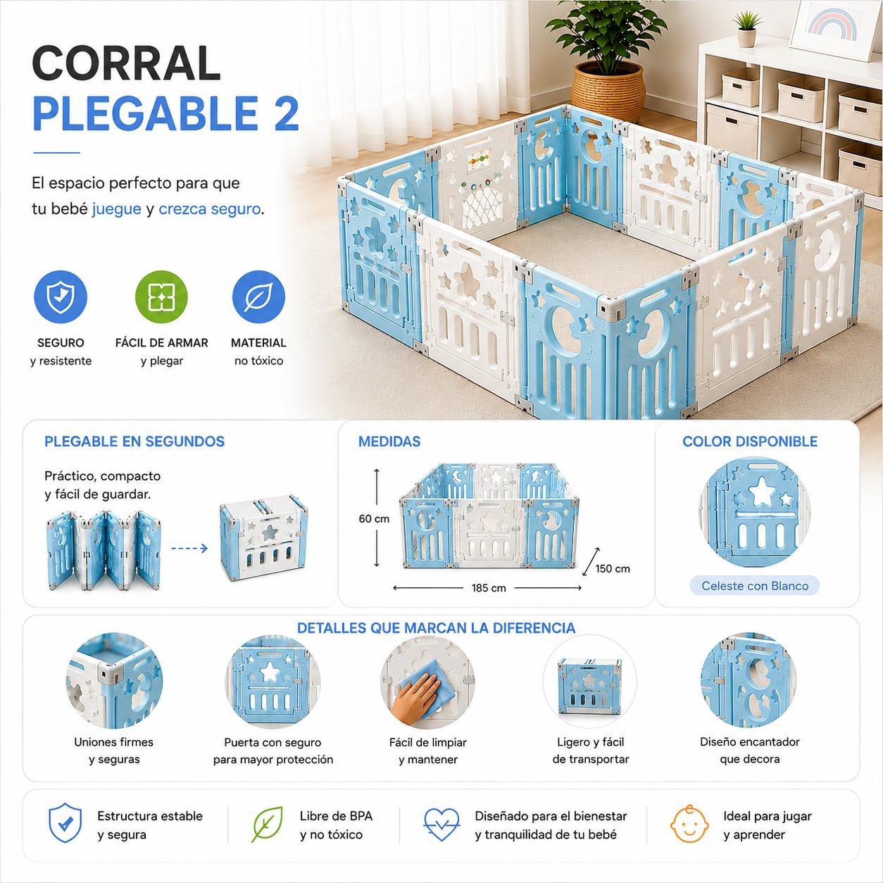 Corral plegable celeste 185 x 150 cm infantil