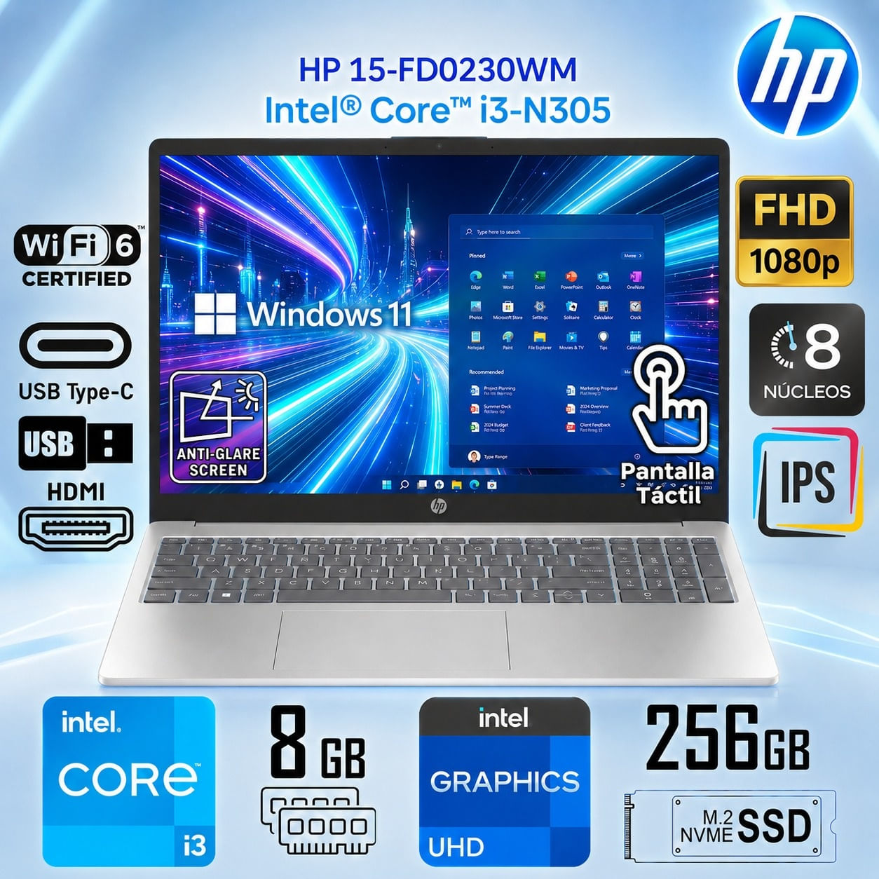 Laptop Notebook HP Táctil 15.6 FHD IPS 60Hz Intel  Core  i3-N305 8GB RAM 256GB SSD   15-FD0230WM