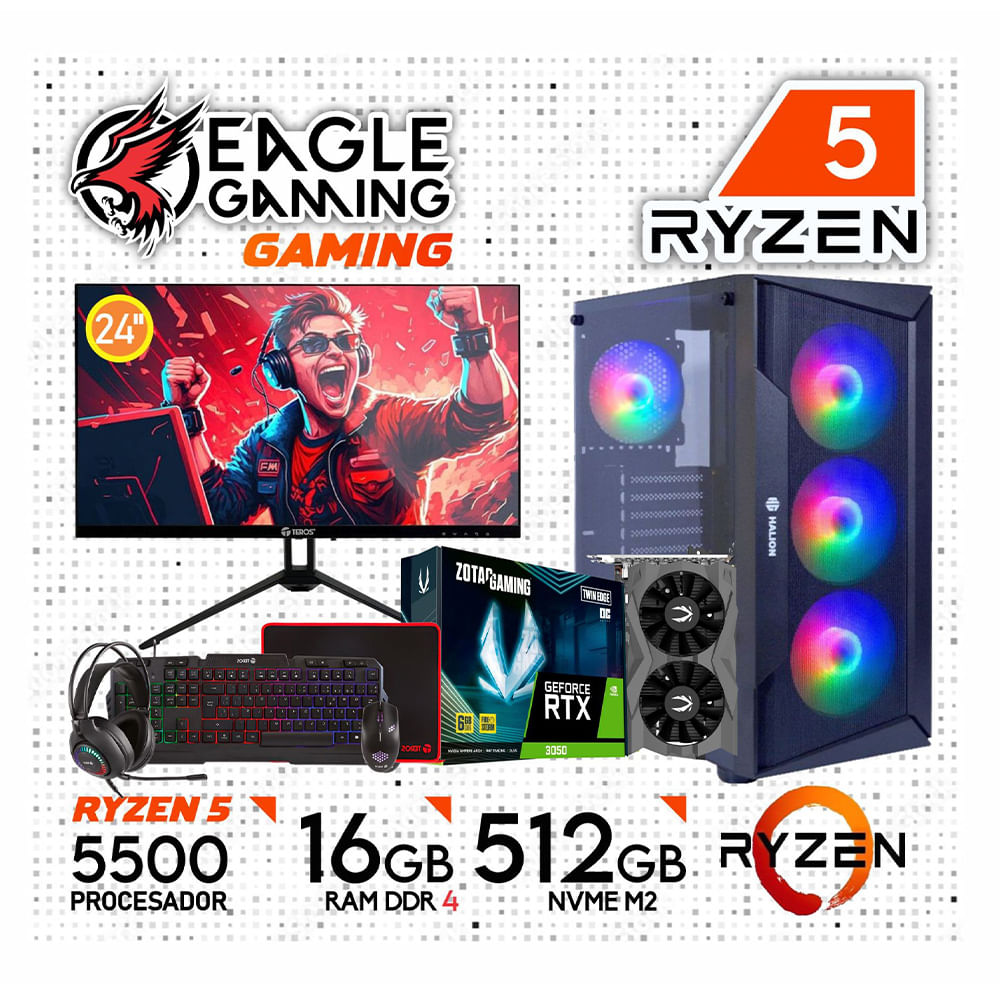 COMPUTADORA PC GAMER AMD RYZEN 5 5500-RAM 16GB-SSD 500GB RTX 3050 6GB -MONITOR 24 FULL HD