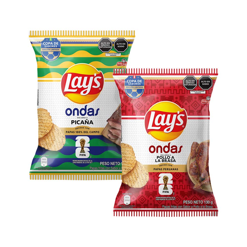 Pack LAY'S: Papas Ondas Sabor a Pollo a la Brasa Bolsa 130g + Papas Ondas Sabor a Picaña Bolsa 130g