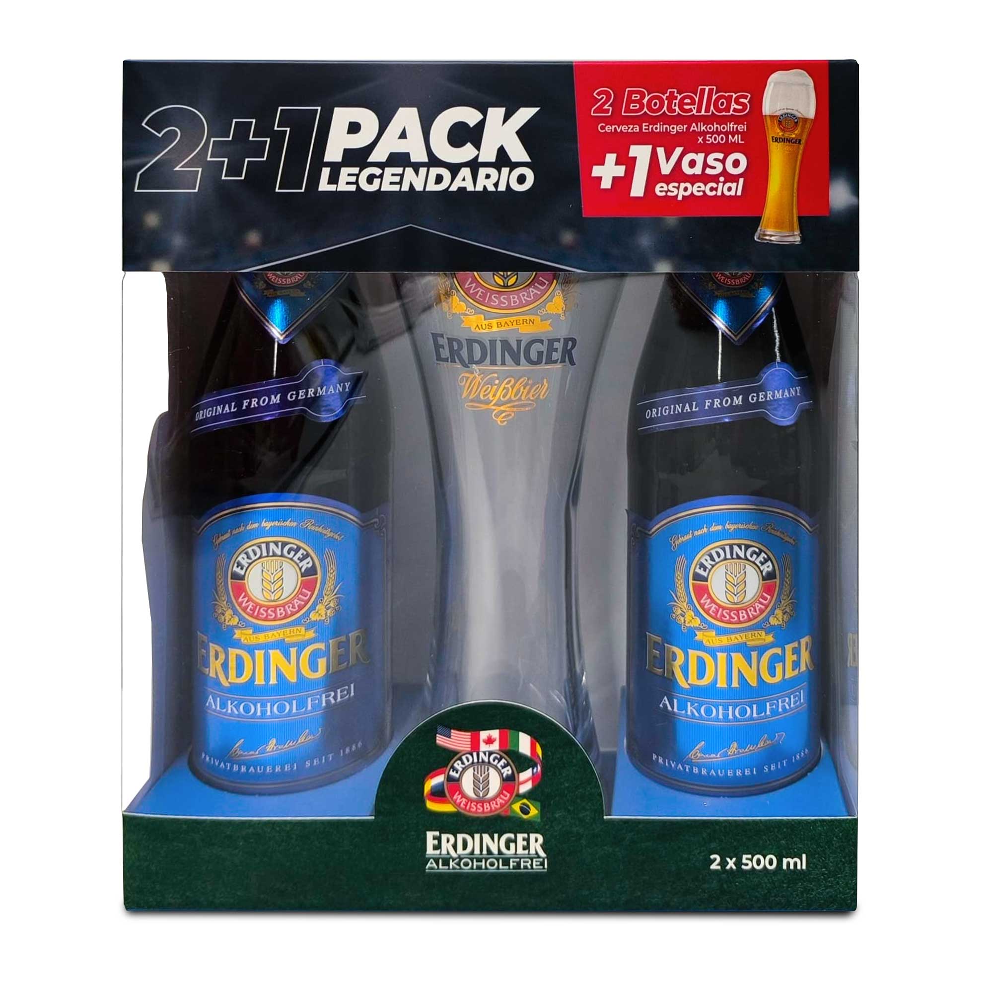 Cerveza sin Alcohol ERDINGER Botella 500ml Pack 2un + Vaso