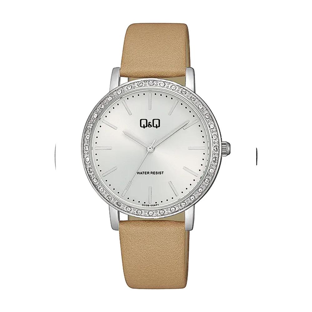 Reloj Mujer QyQ Analógico Cuero Beige Esfera Blanca con Caja QyQ Regalo Elegante para Ella