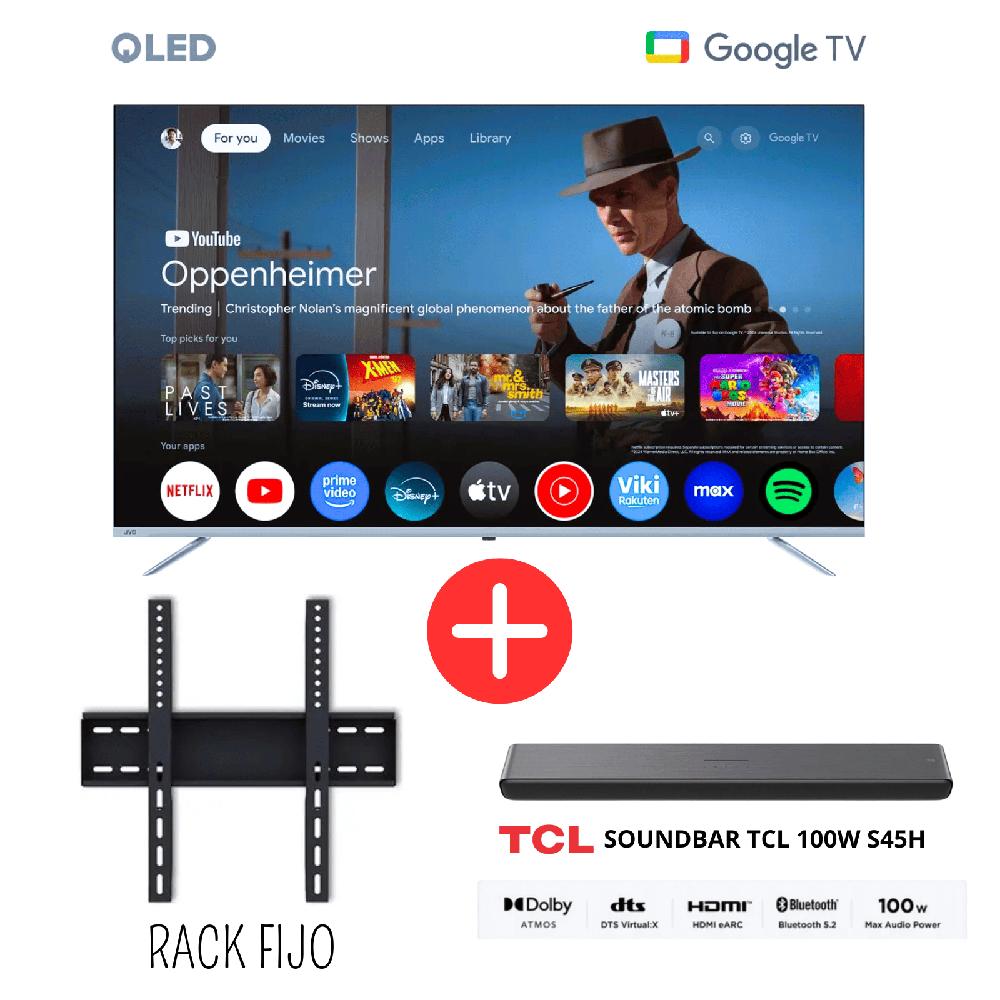 Televisor JVC 65 Pulgadas QLED UHD 4K Google TV LT-65KM748 - Rack Fijo - Soundbar TCL 100W Combo