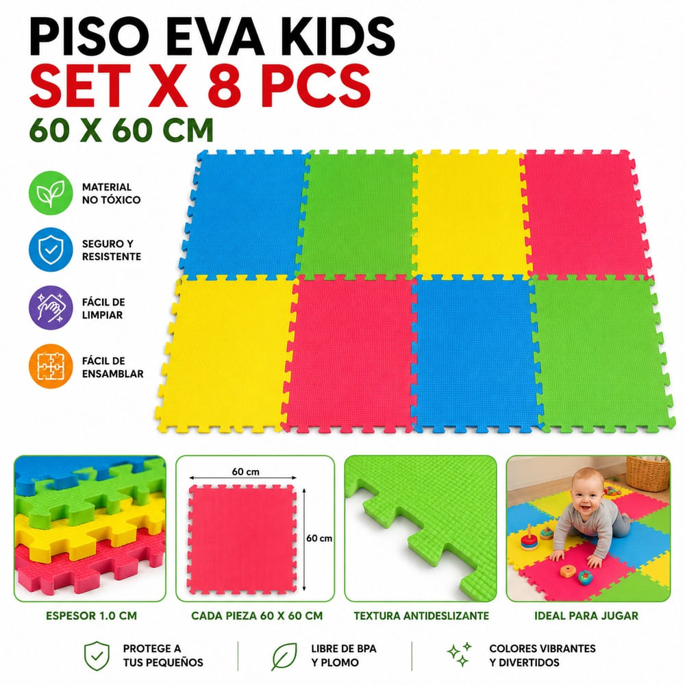 Piso EVA Kids Set x 8 Piezas 60 x 60 cm Tapete Antideslizante para Bebés y Niños