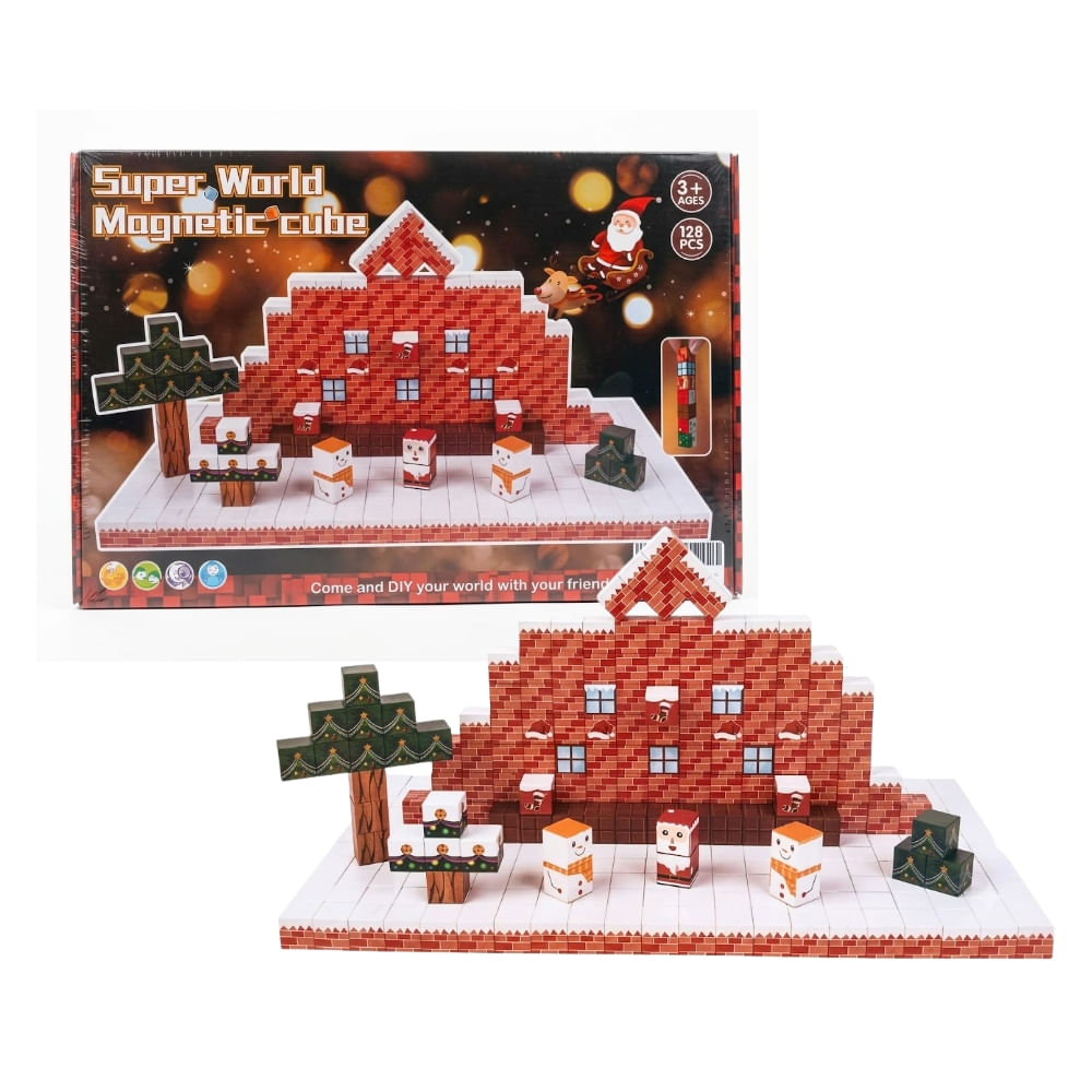 Juguete Bloques Magnetico Cabaña Navideño de 128 Pcs