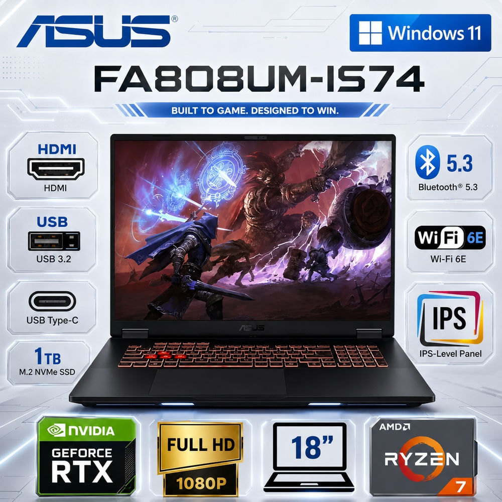 Laptop Gamer ASUS TUF A18 18  Ryzen 7 260 16GB RAM 1TB SSD RTX 5060 Windows 11 FA808UM-IS74