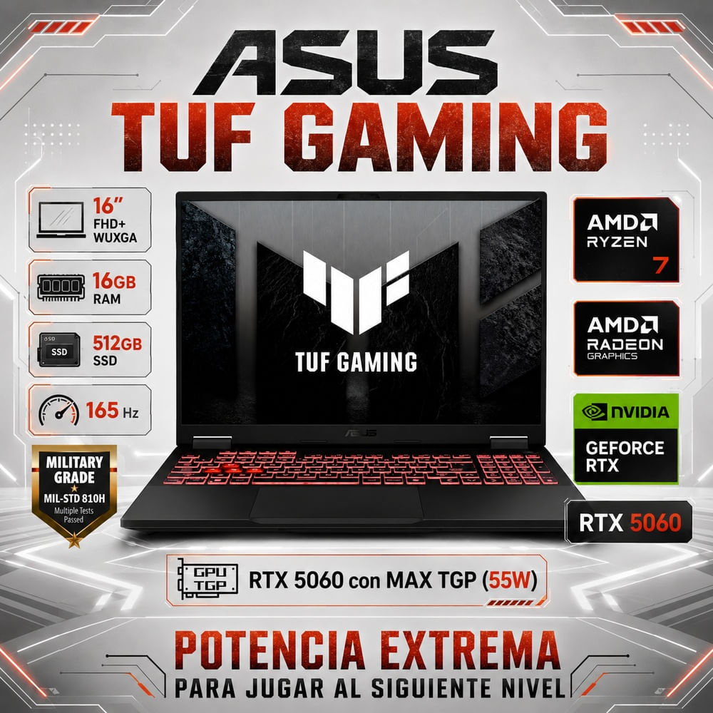 Laptop ASUS TUF Gaming A16 16  WUXGA Ryzen 7 260 16GB RAM 512GB SSD RTX 5060 W11 FA608UM-RV069W