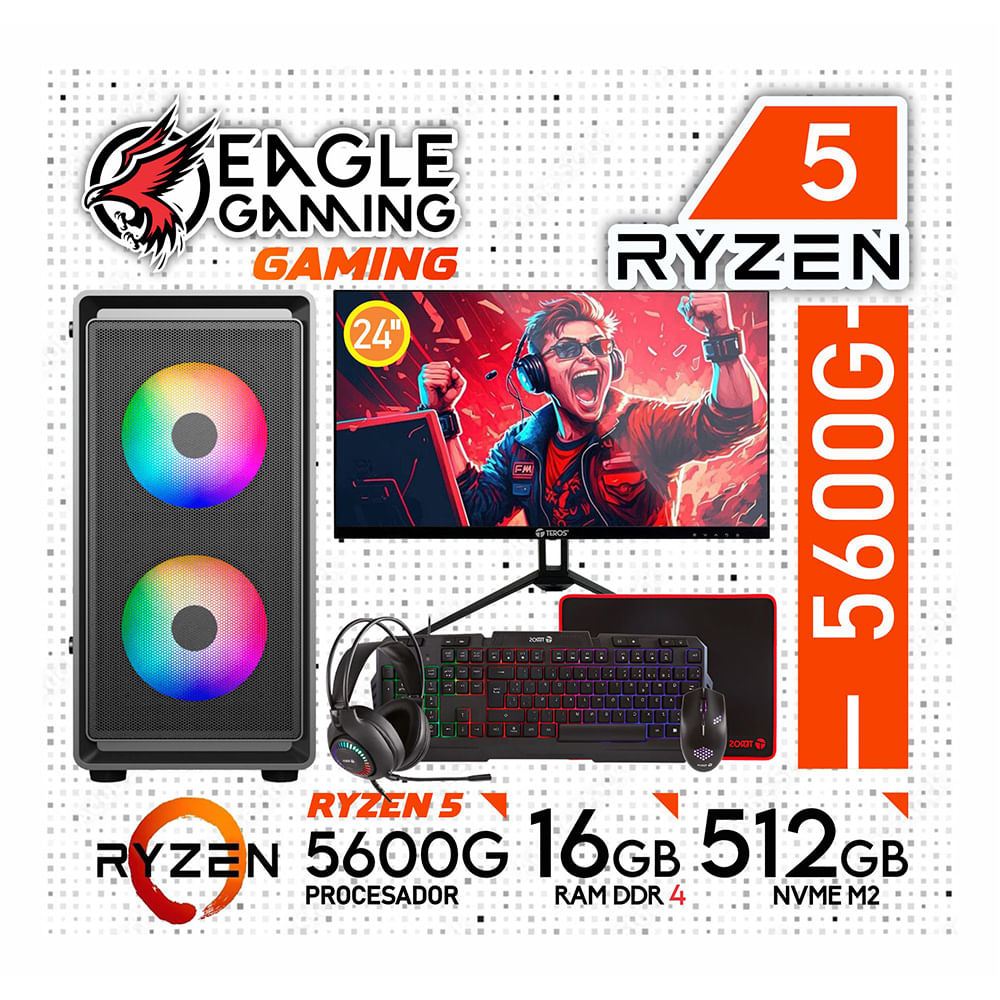 Computadora PC GAMER RYZEN 5 5600G RAM 16GB SSD 500GB Monitor 24 FULL HD