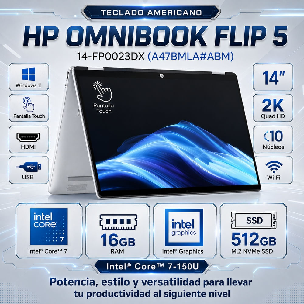 Laptop HP OmniBook 5 Flip 14  2K Touch Core 7 150U 16GB RAM 512GB SSD W11 14-FP0023DX