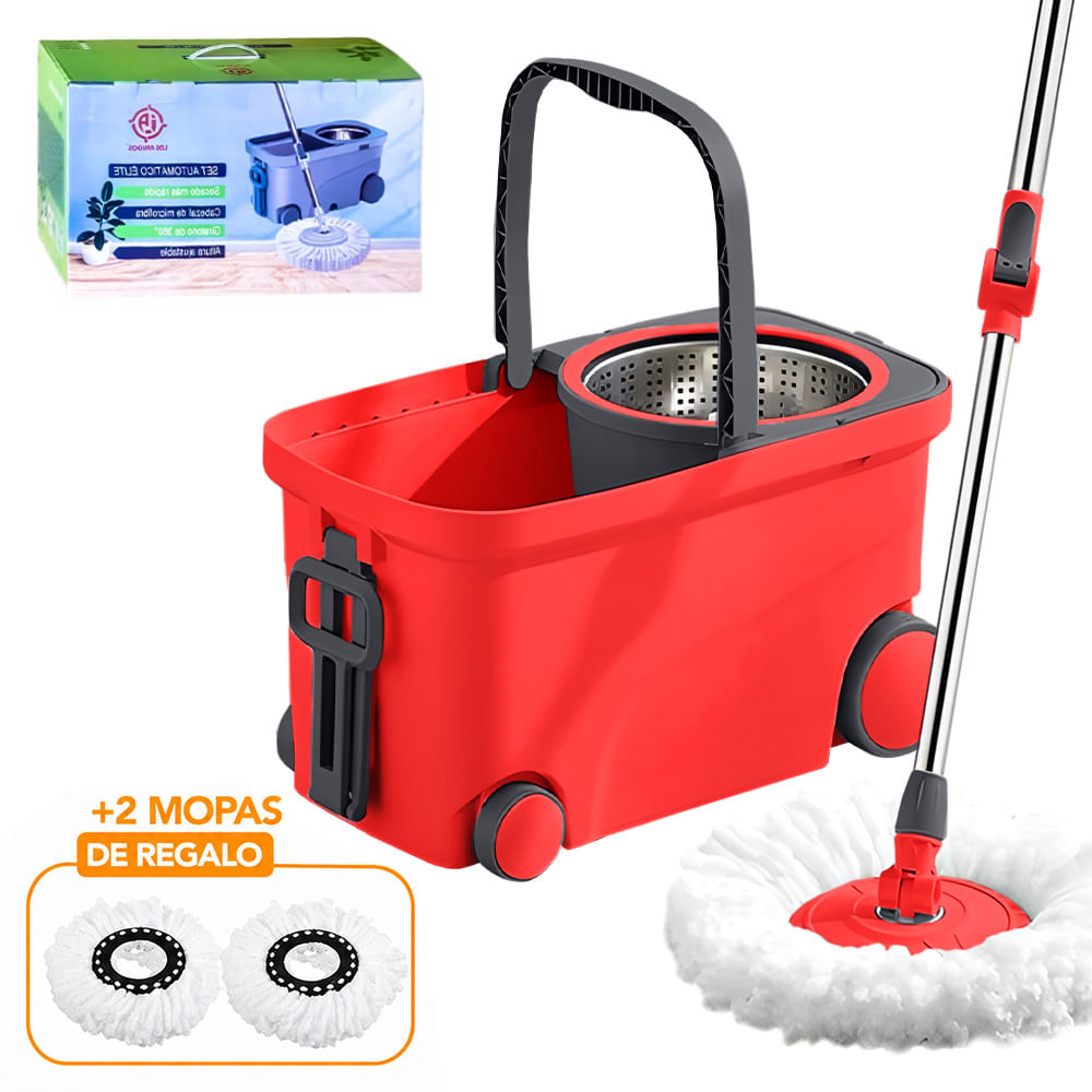 Trapeador Giratorio 3 Mopas con Caja Ruedas Y Asa Rojo S4F