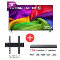 Televisor LG 75 Pulgadas NANOCELL UHD 4K 75NU800BPSB - SOUNDBAR TCL 100W S45H - Rack fijo Combo