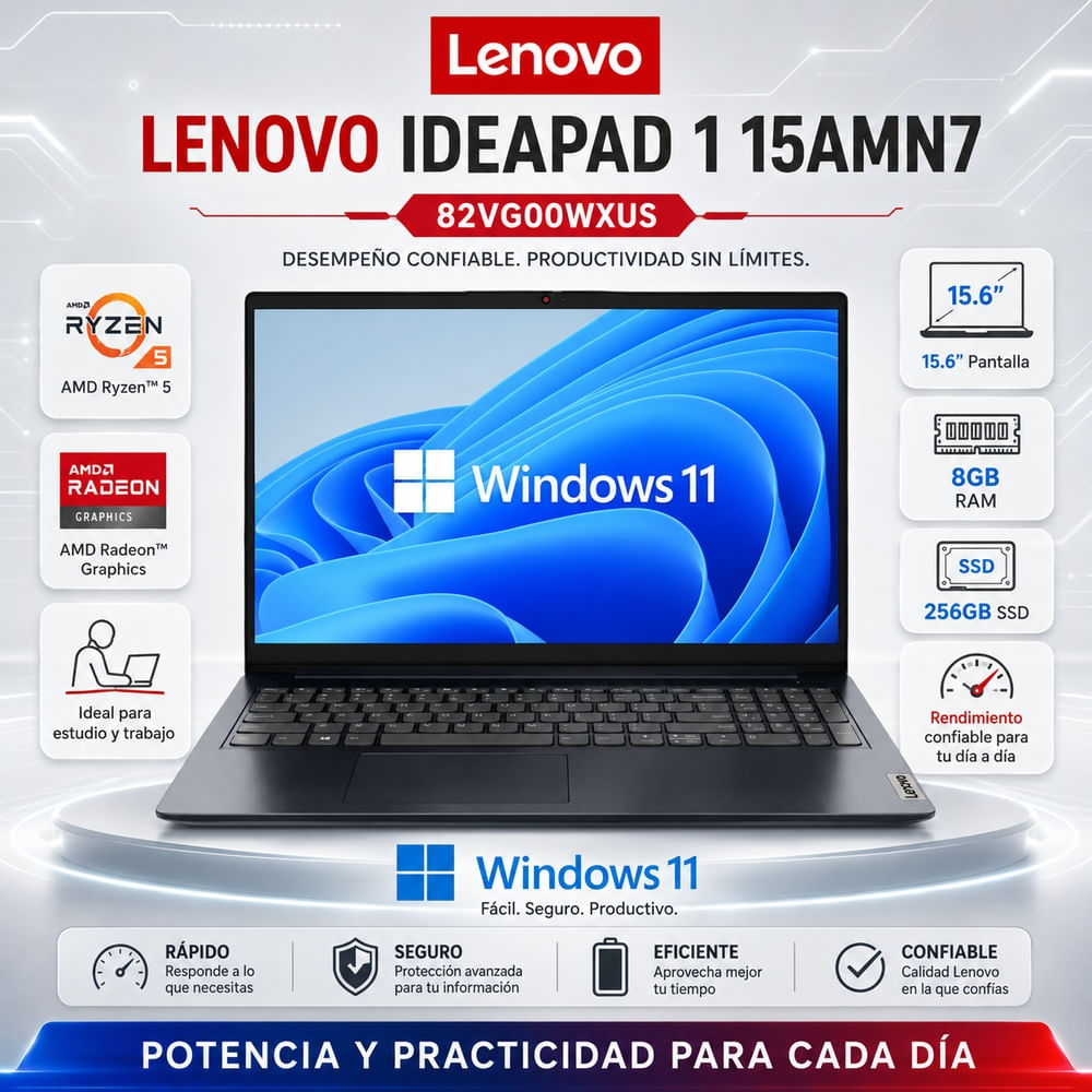 Laptop Lenovo IdeaPad 1 15.6 FHD Ryzen 5 7520U 8GB LPDDR5 256GB SSD Win 11 Radeon 610M 82VG00WXUS