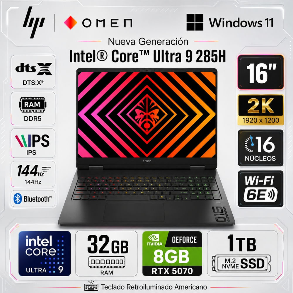 Laptop Gamer HP OMEN Slim 16 WUXGA 144Hz Ultra 9 285H 32GB DDR5 1TB SSD RTX 5070 8GB 16-an0075cl