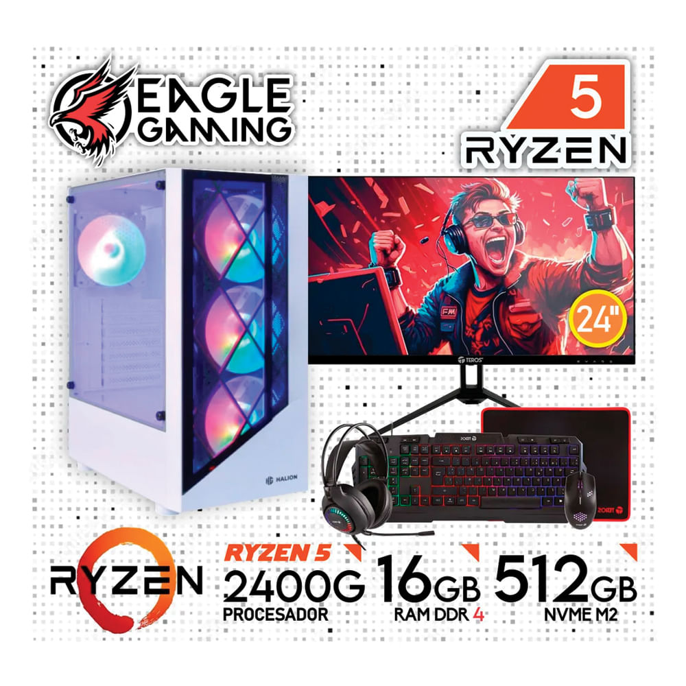 COMPUTADORA PC GAMER RYZEN 5 2400G RAM 16GB -SSD 5000GB - GRAFICA VEGA 11 2GB - MONITOR 24  con KIT