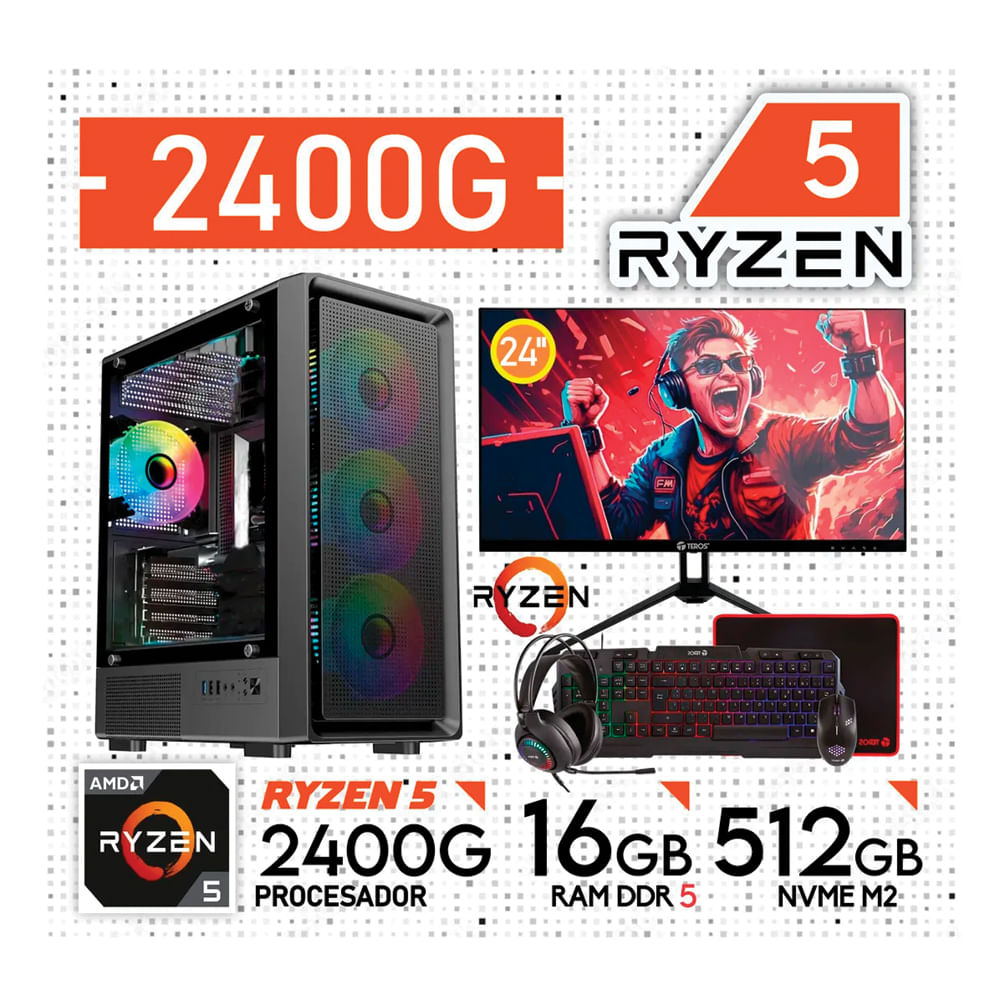 COMPUTADORA PC GAMER RYZEN 5 2400G RAM 16GB SSD 512GB Monitor 24 PULGADAS CON KIT GAMER TEROS