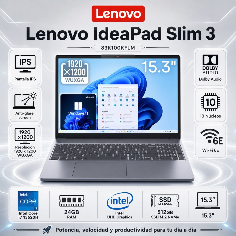 Laptop Lenovo IdeaPad Slim 3 15IRH10 Intel Core i7-13620H 24GB RAM 512GB SSD 15.3 WUXGA 83K100KFLM