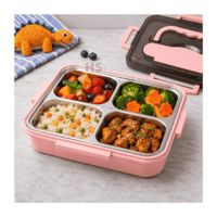 Tupper De Acero Inoxidable Con Cuchara Y Dos Palitos Compartimentados Rosa