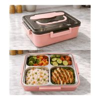 Tupper De Acero Inoxidable Con Cuchara Y Dos Palitos Compartimentados Rosa
