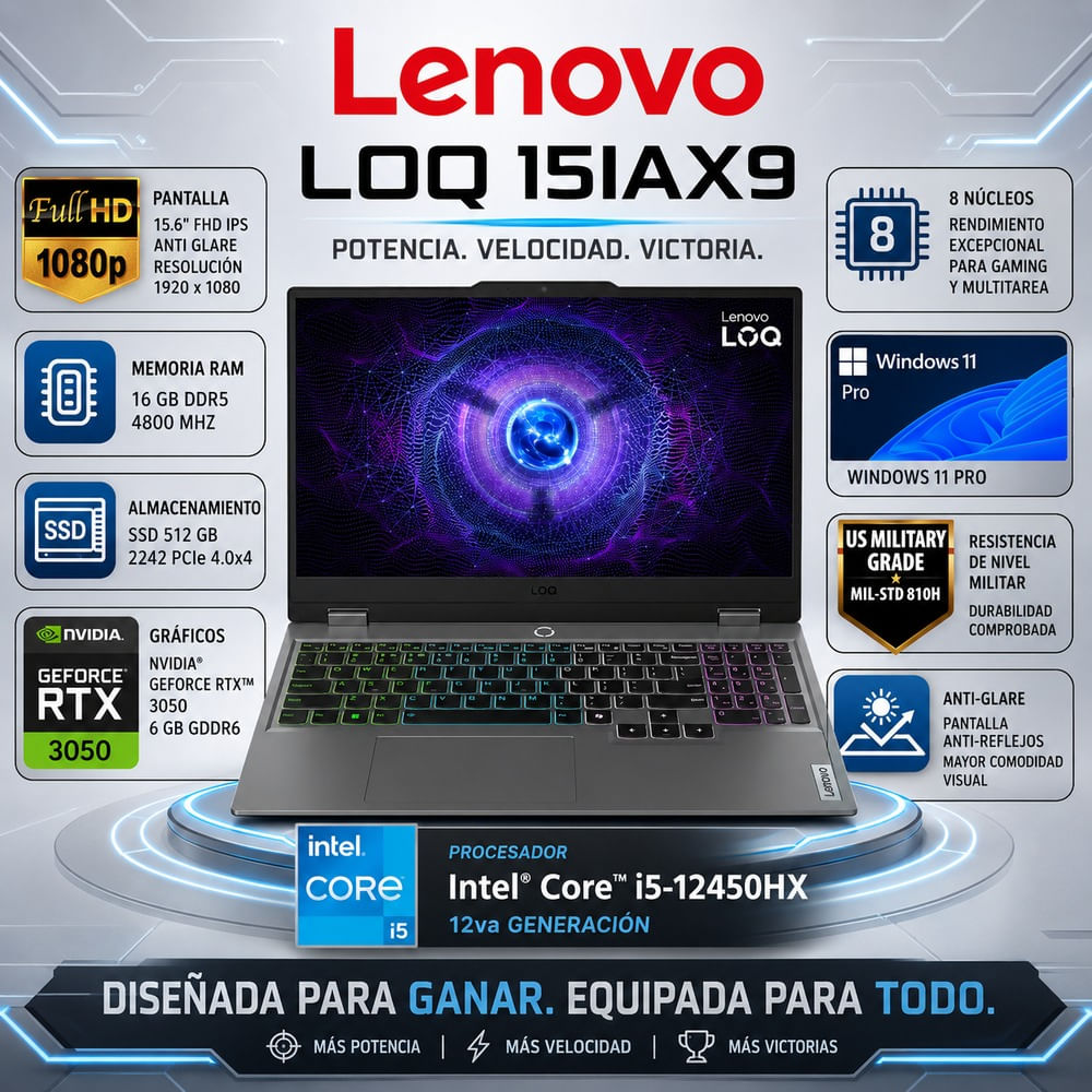 Laptop Gamer Lenovo LOQ 15IAX9 Core i5-12450HX 16GB RAM 512GB SSD RTX 3050 6GB 15.6 FHD 83GS00TKLM