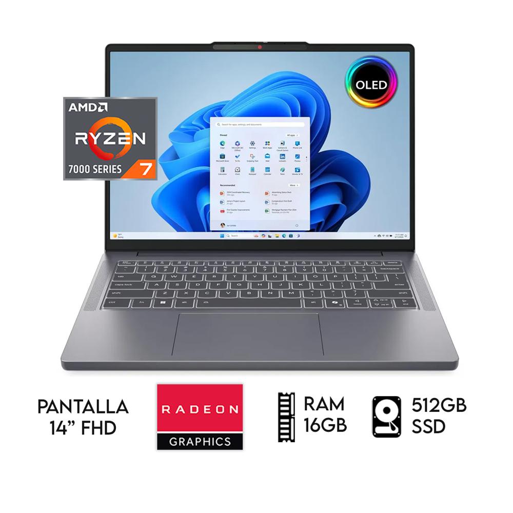 LAPTOP LENOVO IDEAPAD SLIM 3 AMD RYZEN 7 7735HS RAM 16GB SSD 512GB 14 OLED FHD GRIS