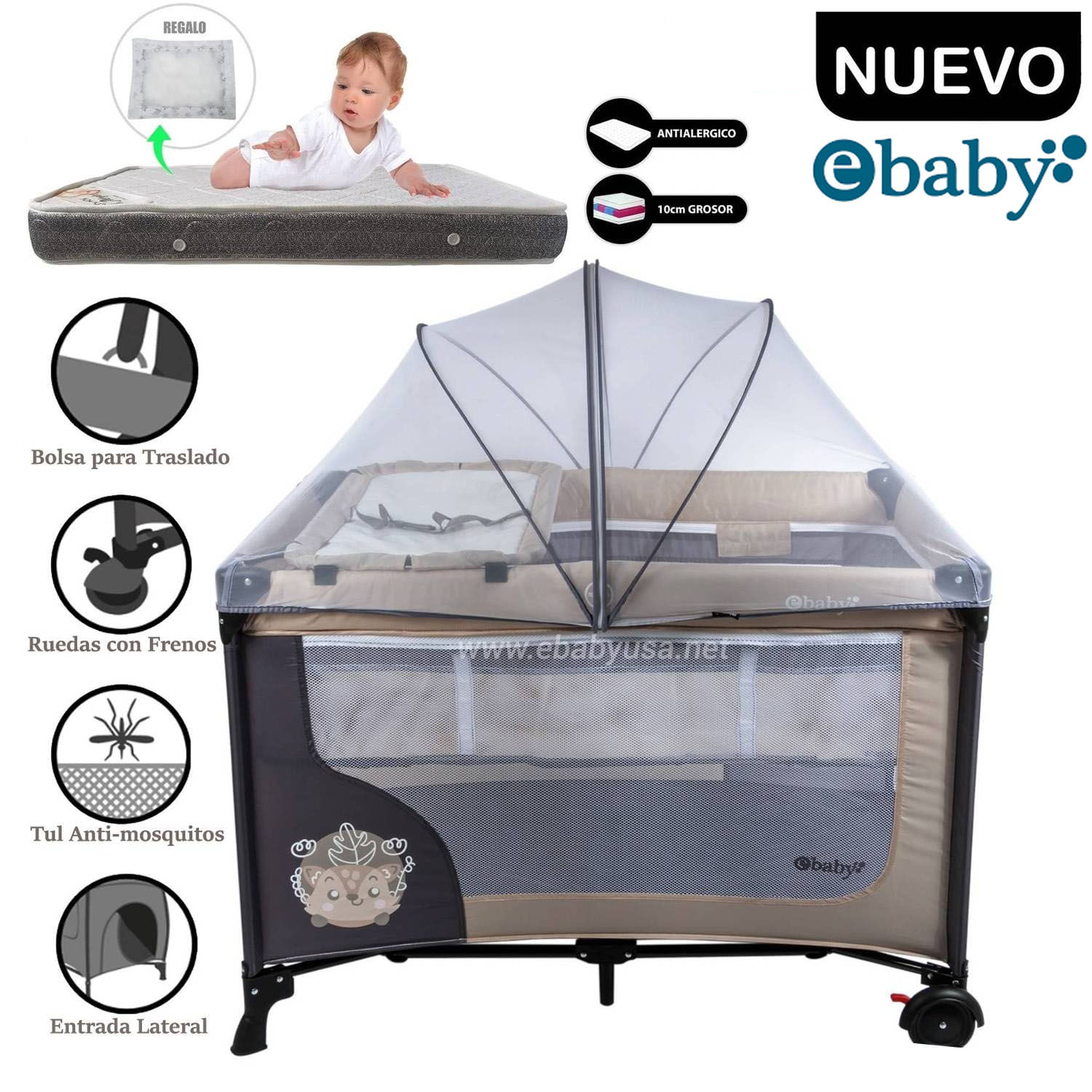 Cuna Corral Ebaby Con Cambiador Happy Dream Beige + Colchón
