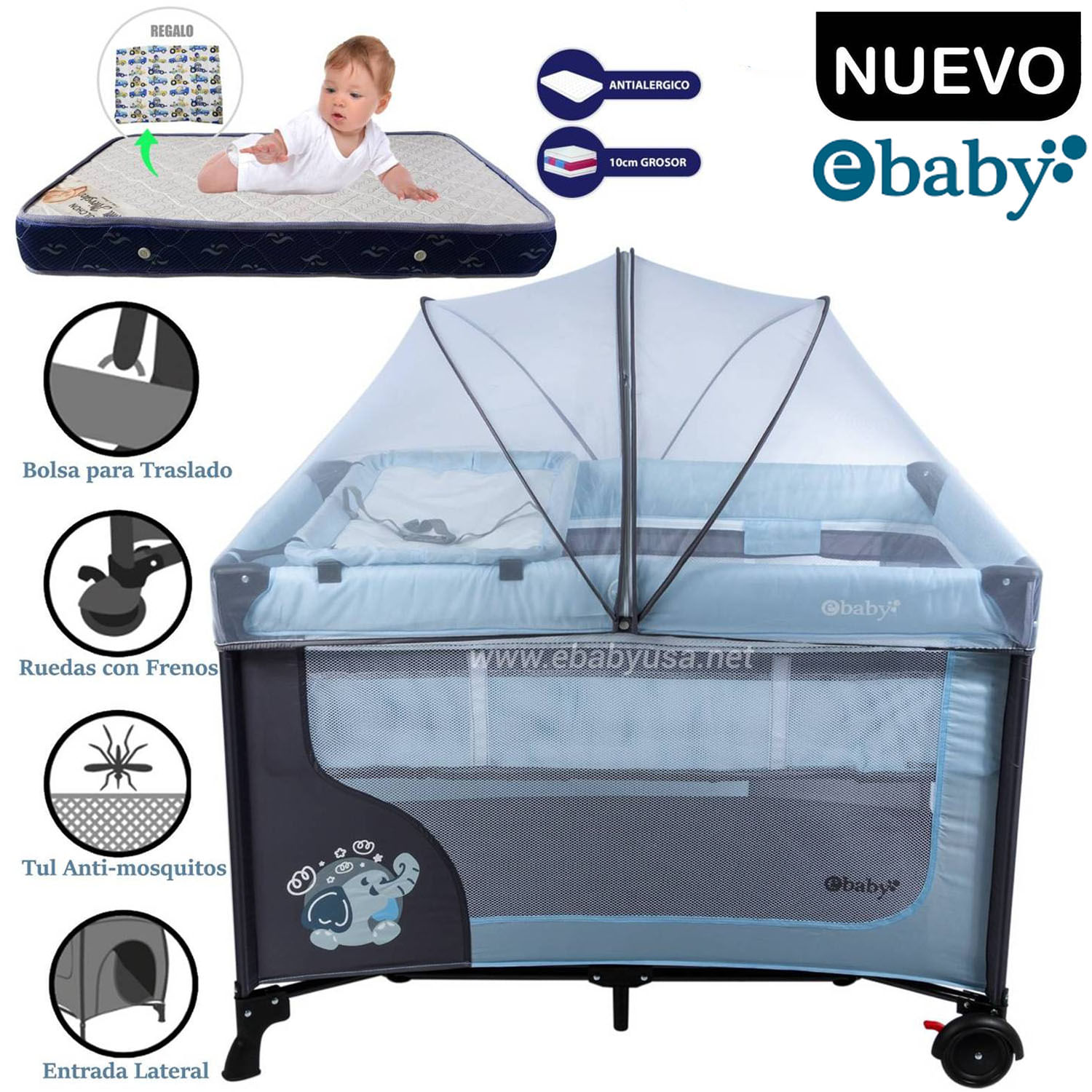 Cuna Corral Ebaby Con Cambiador Happy Dream Celeste y Colchón