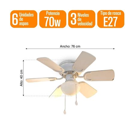 Ventilador de Techo Orange Blanco Reversible 6 Aspas con Luz E27 30