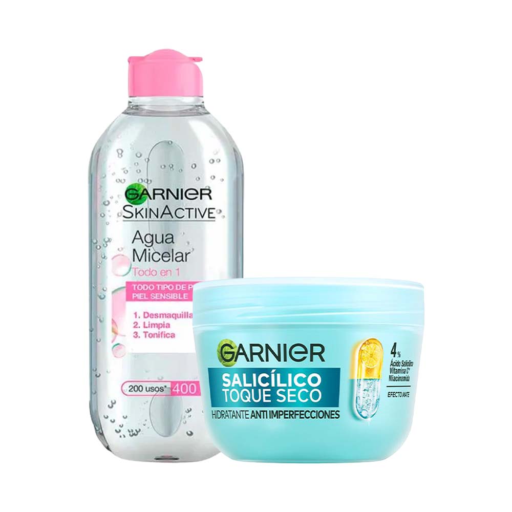 Pack Agua Micelar GARNIER Todo en 1 Frasco 400ml + Crema Facial GARNIER Toque Seco Antiacné Frasco 82.5ml