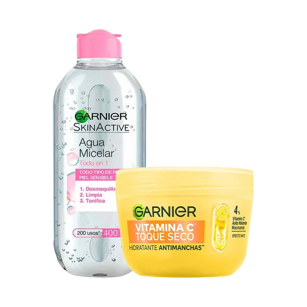 Pack Agua Micelar GARNIER Todo en 1 Frasco 400ml + Crema Facial GARNIER Toque Seco Antimanchas Frasco 82.5ml