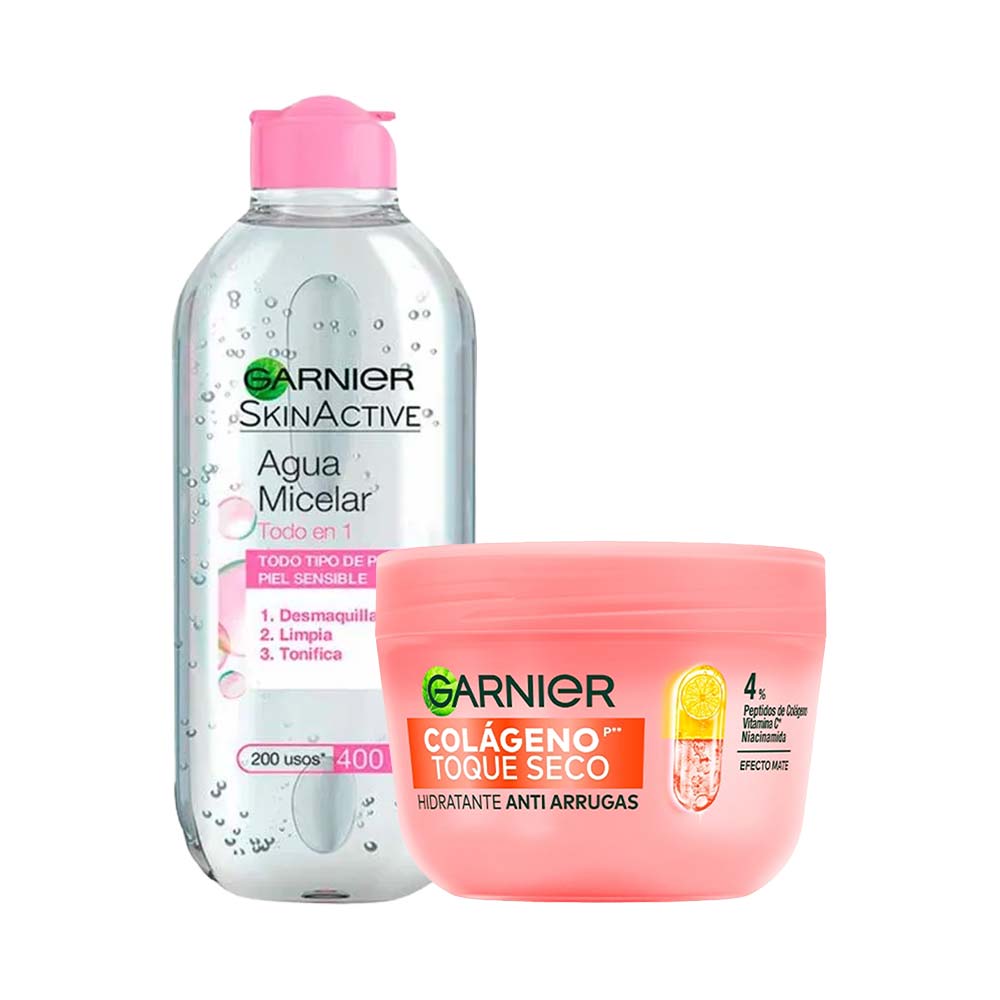 Pack Agua Micelar GARNIER Todo en 1 Frasco 400ml + Crema Facial GARNIER Toque Seco Antiedad Pote 82.5ml