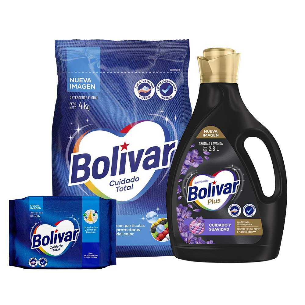 Pack BOLÍVAR Detergente Cuidado Total Bolsa 4kg + Suavizante
