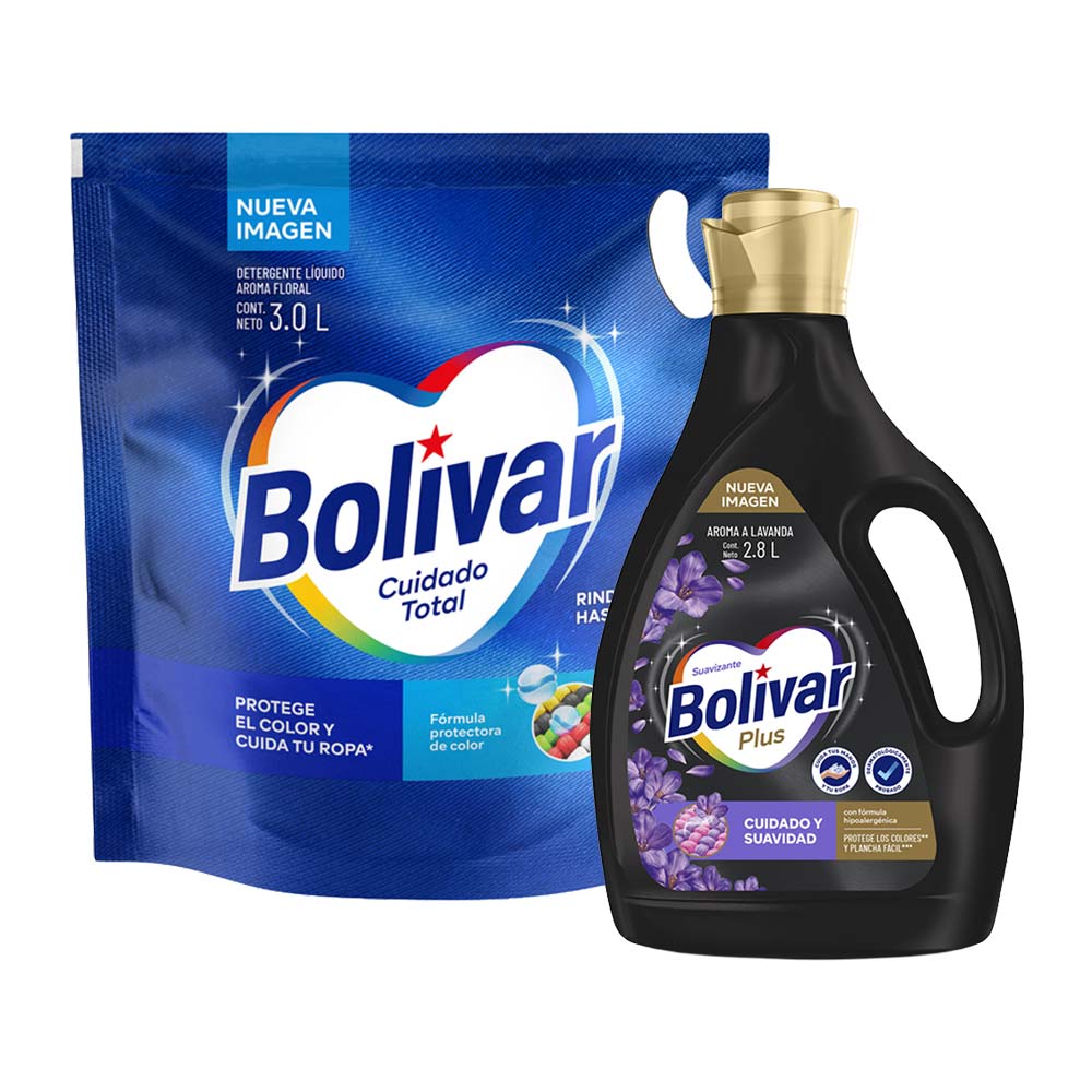 Pack Detergente Líquido BOLÍVAR Cuidado Total Doypack 3L + Suavizante BOLÍVAR Plus Lavanda Galonera 2.8L